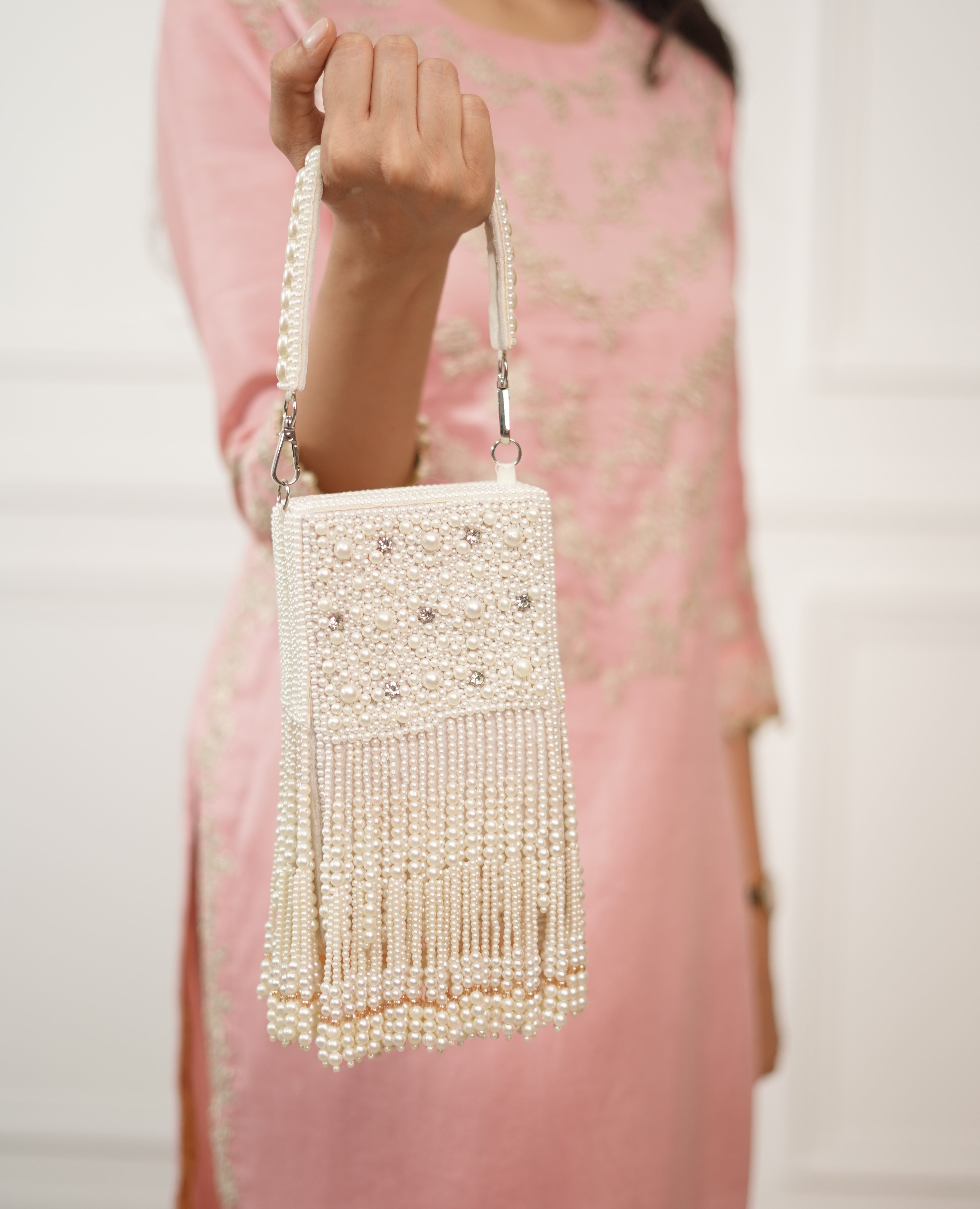 Laila Ivory Pearl Studded Handheld Box Clutch