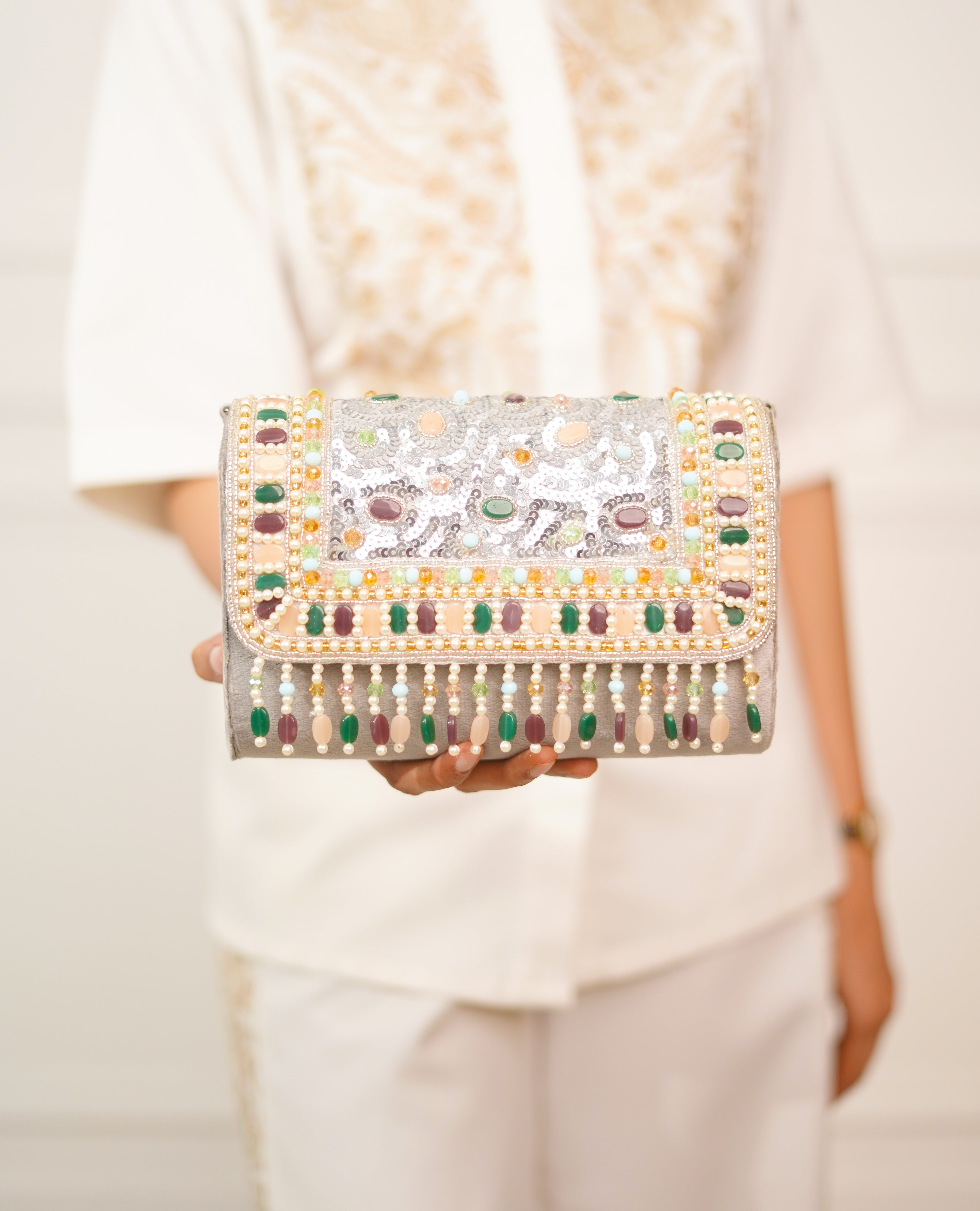 Mahira Stone and Sequin Flap Clutch with Tassels