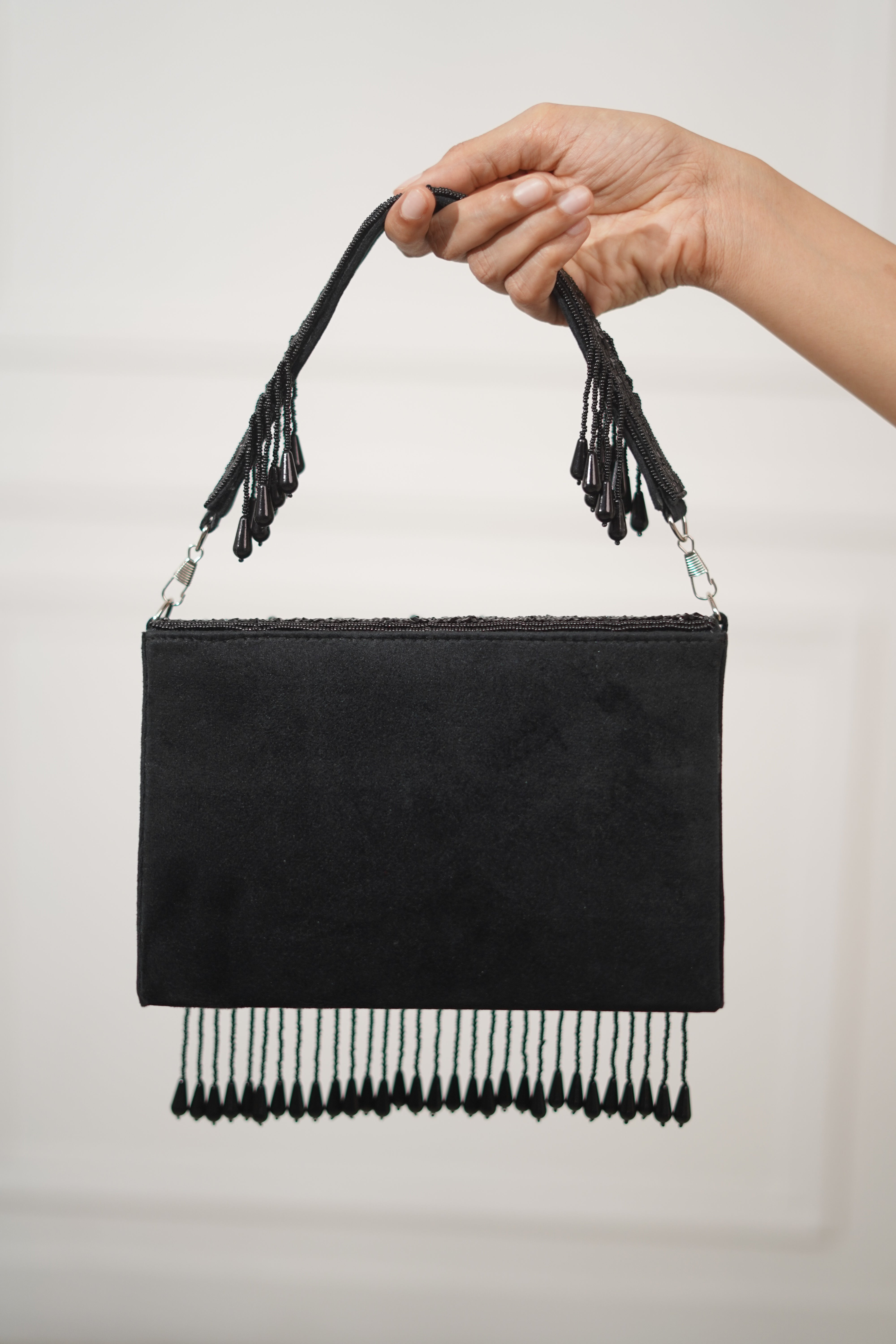 Raat Ki Rani Black Bead Embellished Bag with Tassels