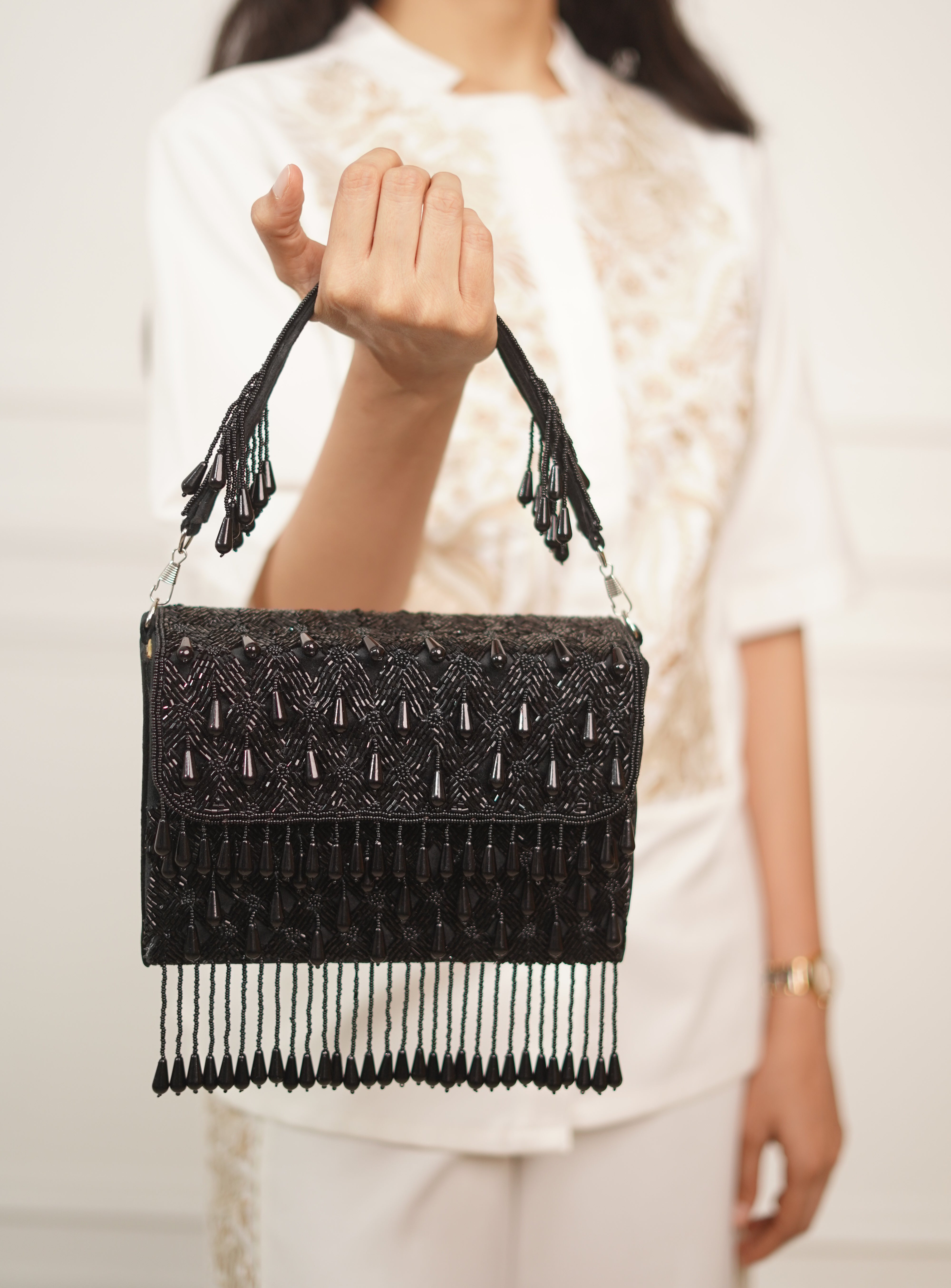 Raat Ki Rani Black Bead Embellished Bag with Tassels