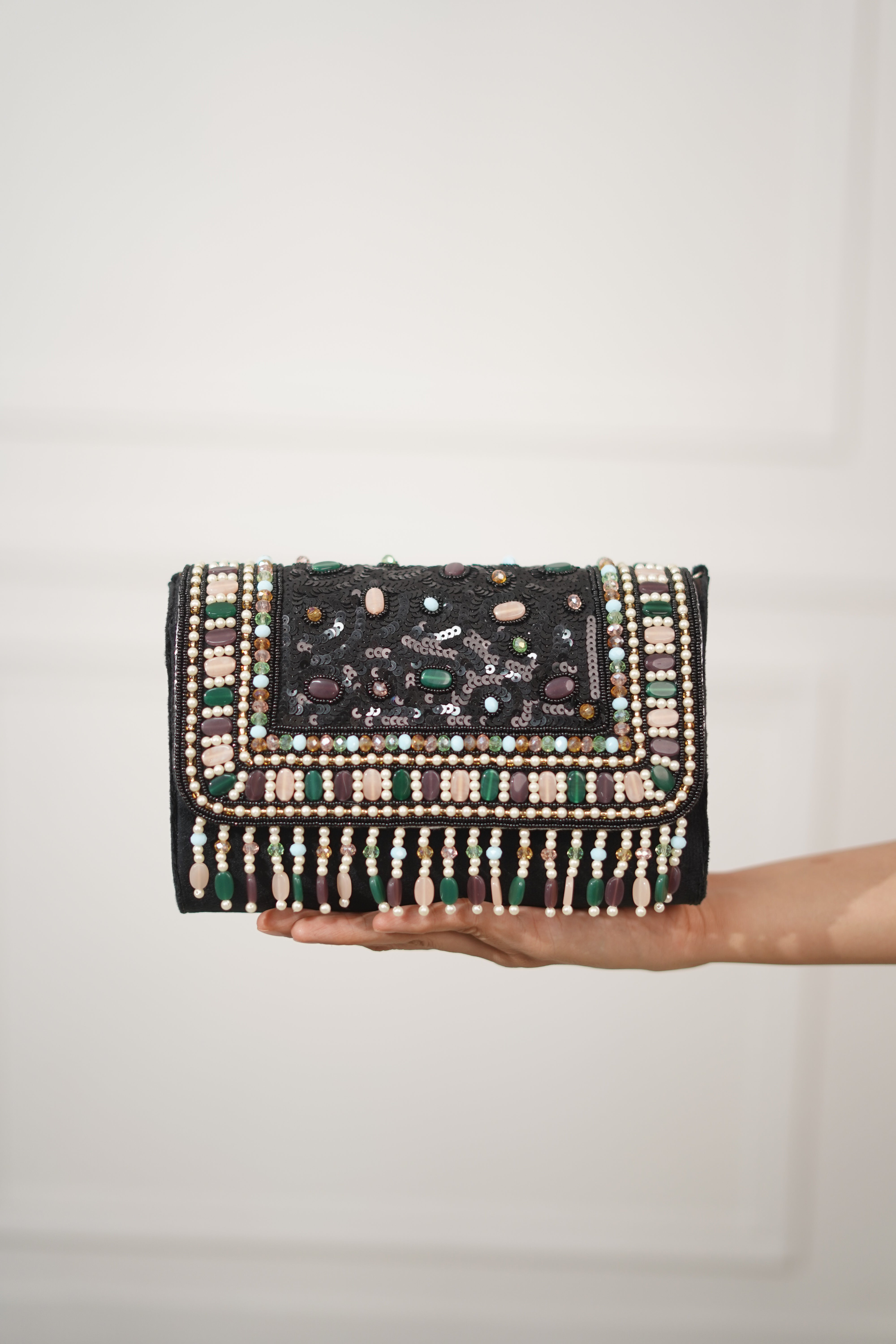 Shyamli Stone and Sequin Flap Clutch with Tassels