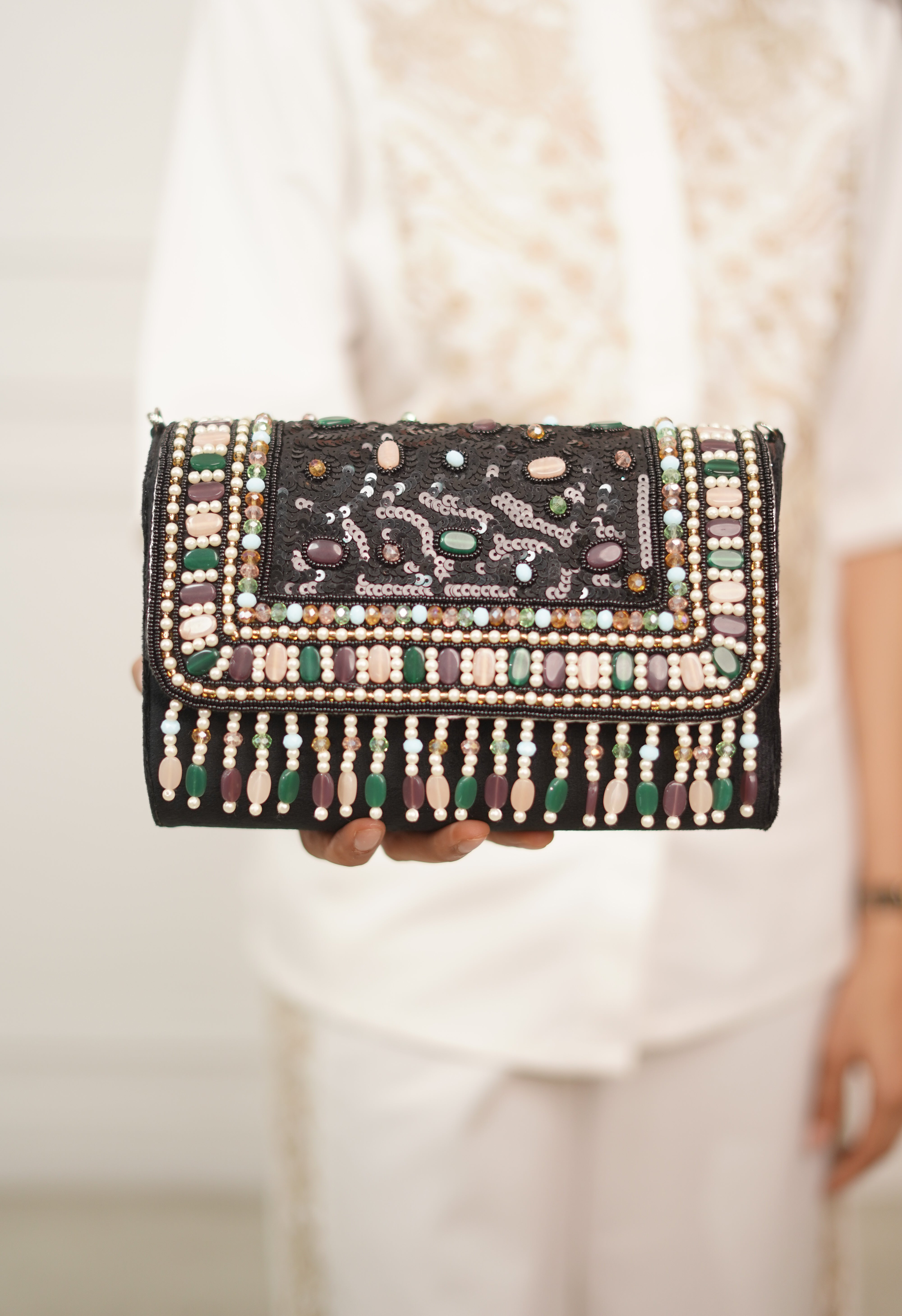 Shyamli Stone and Sequin Flap Clutch with Tassels