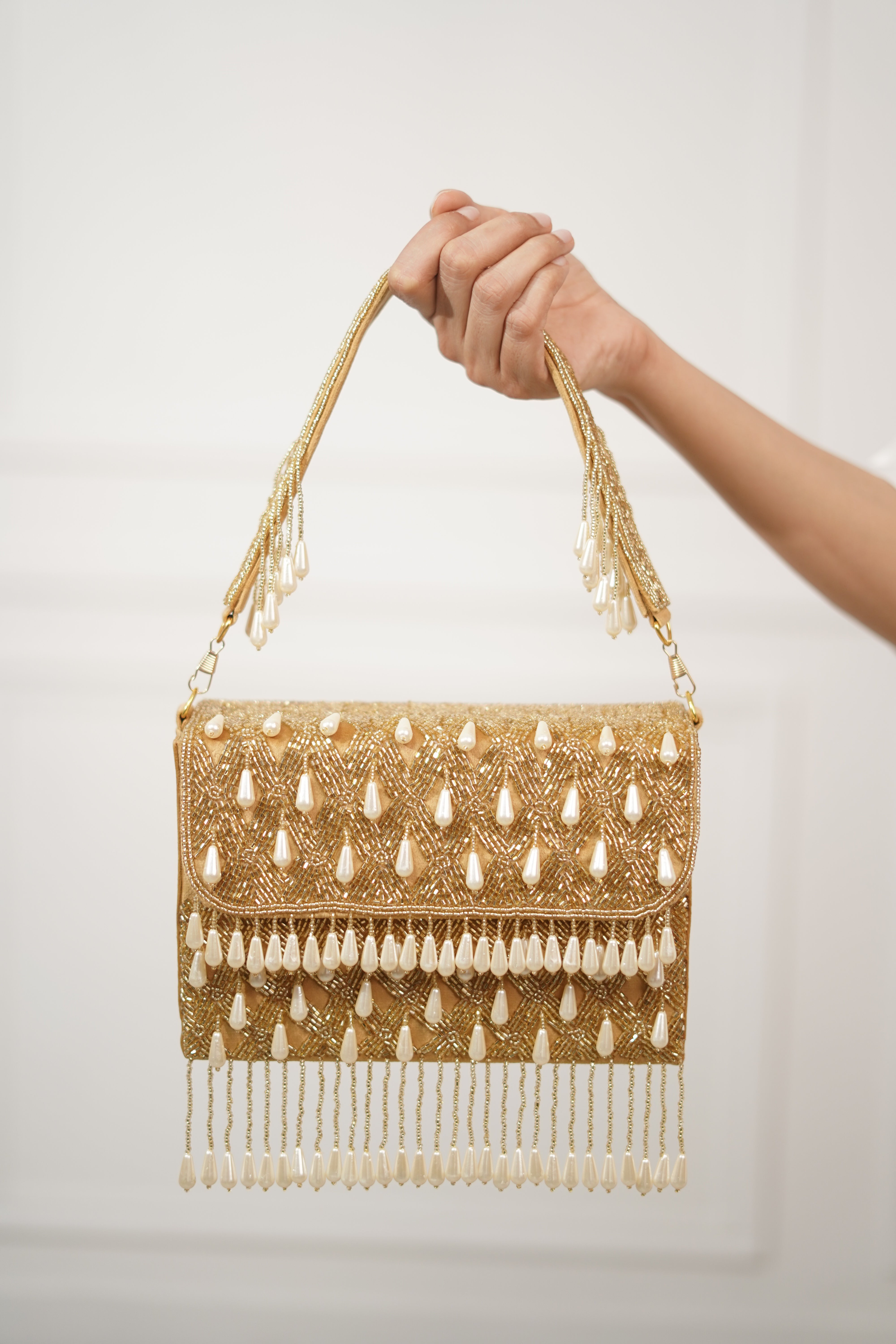 Sunehri Gold Bead Embellished Bag with Tassels