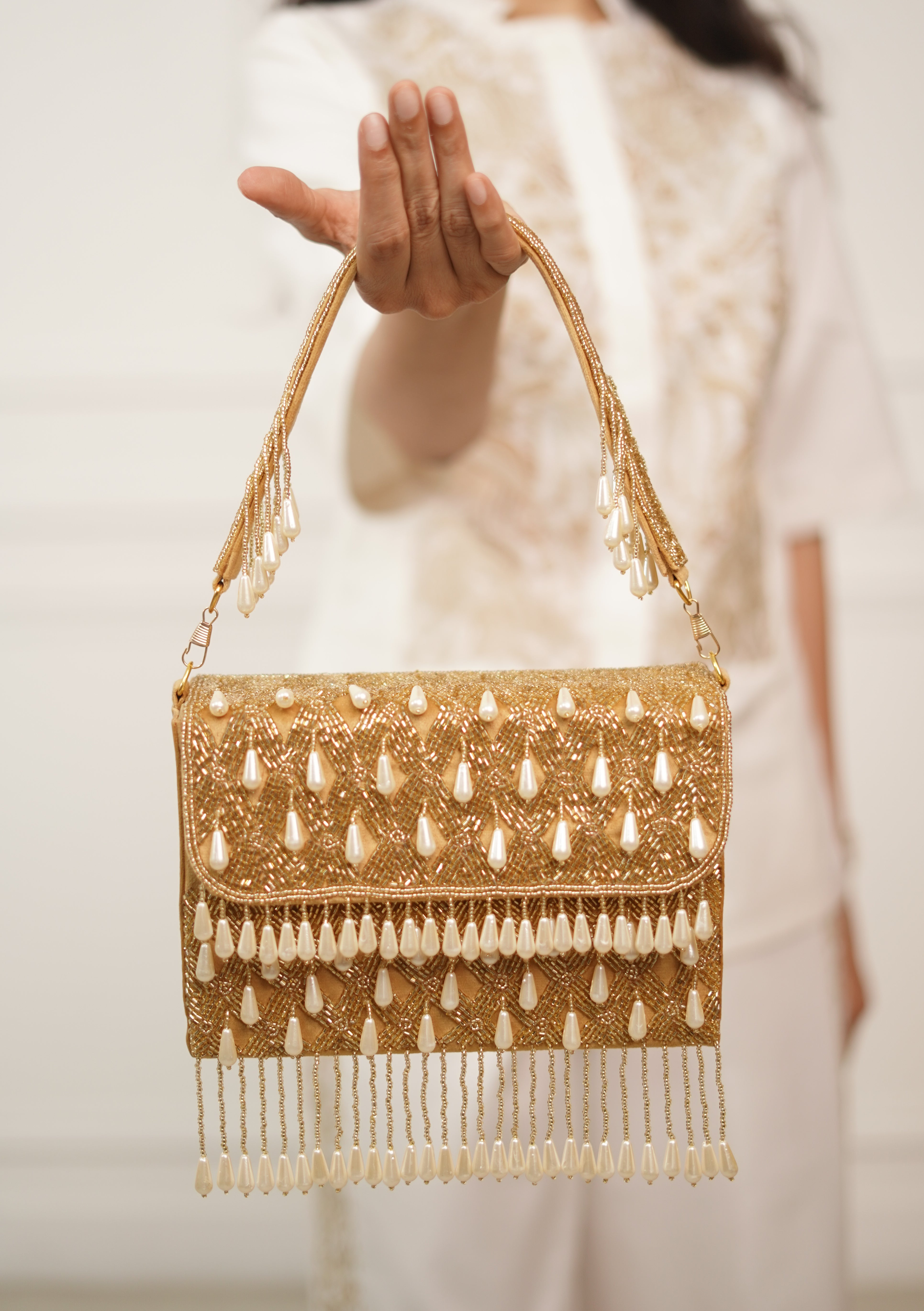 Sunehri Gold Bead Embellished Bag with Tassels