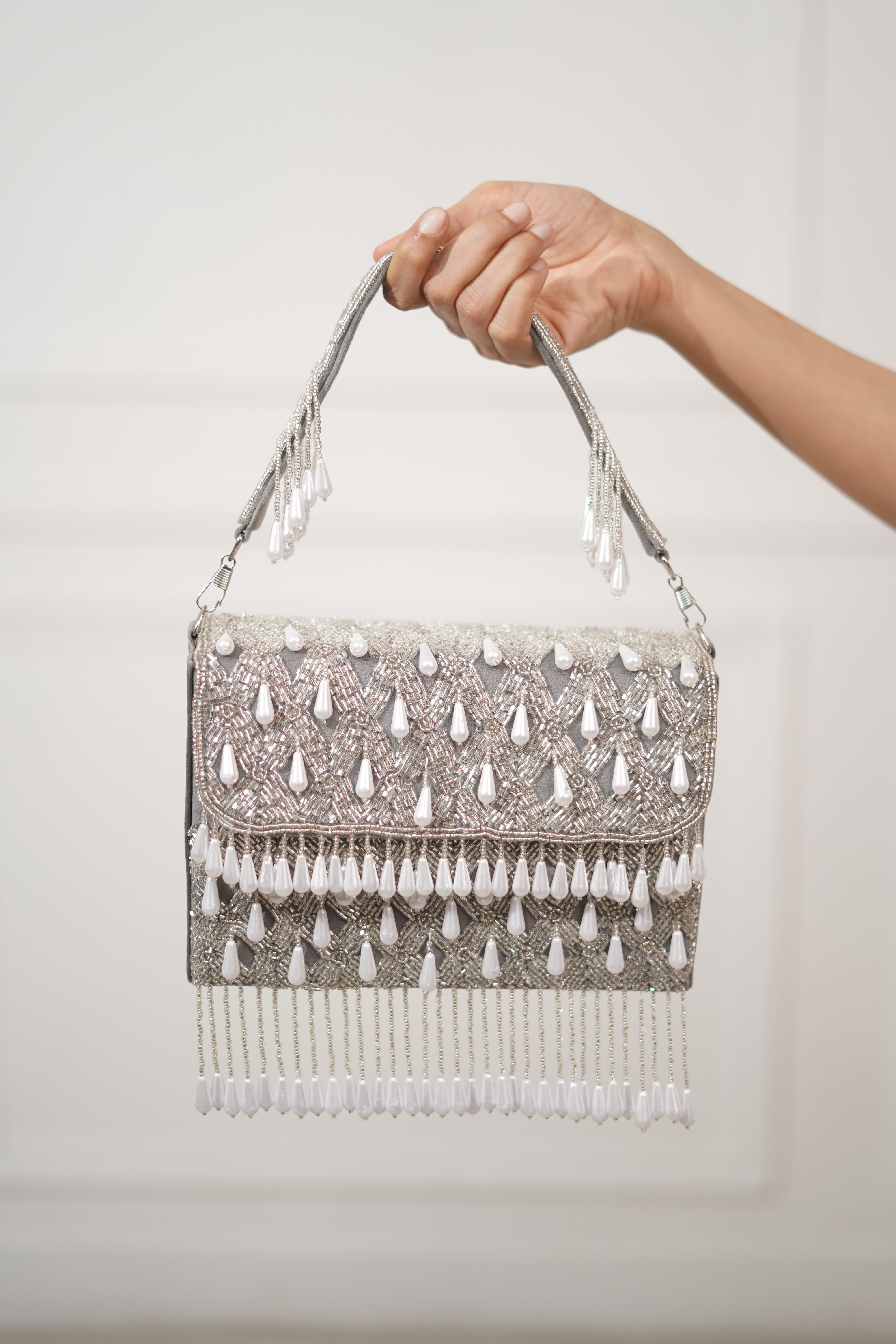 Tarini Silver Bead Embellished Bag with Tassels