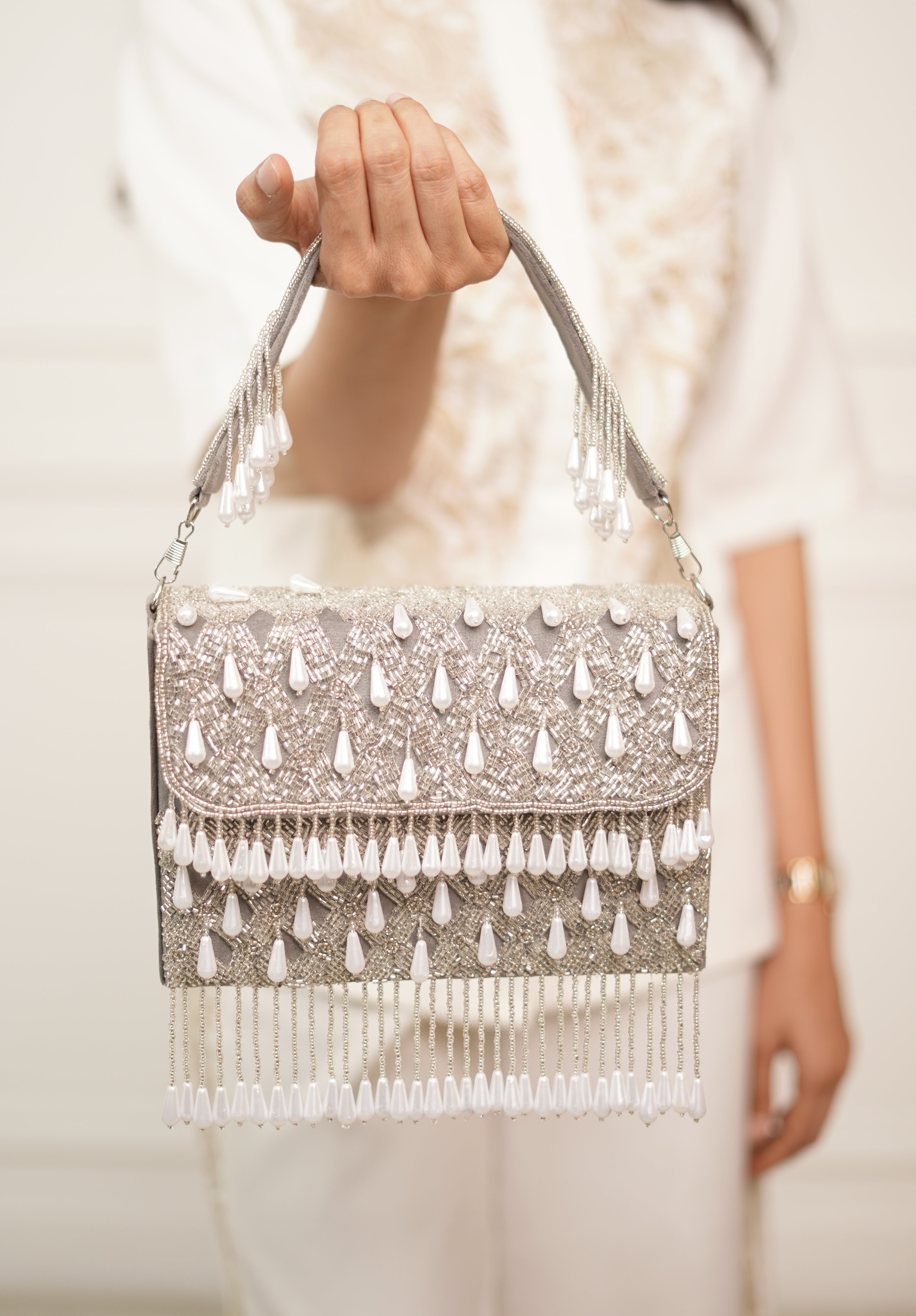 Tarini Silver Bead Embellished Bag with Tassels