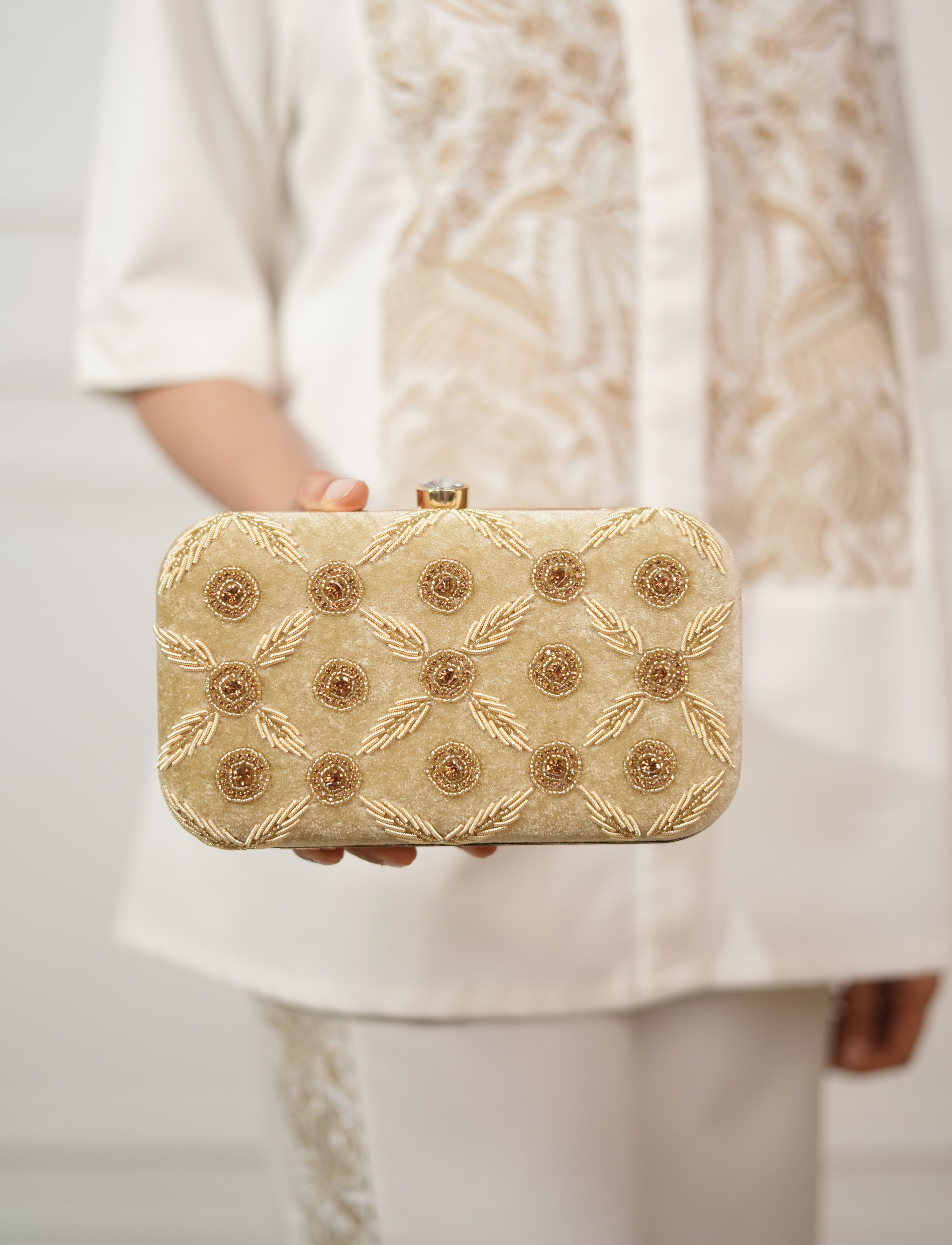 Zayra Gold Embroidered Velvet Box Clutch