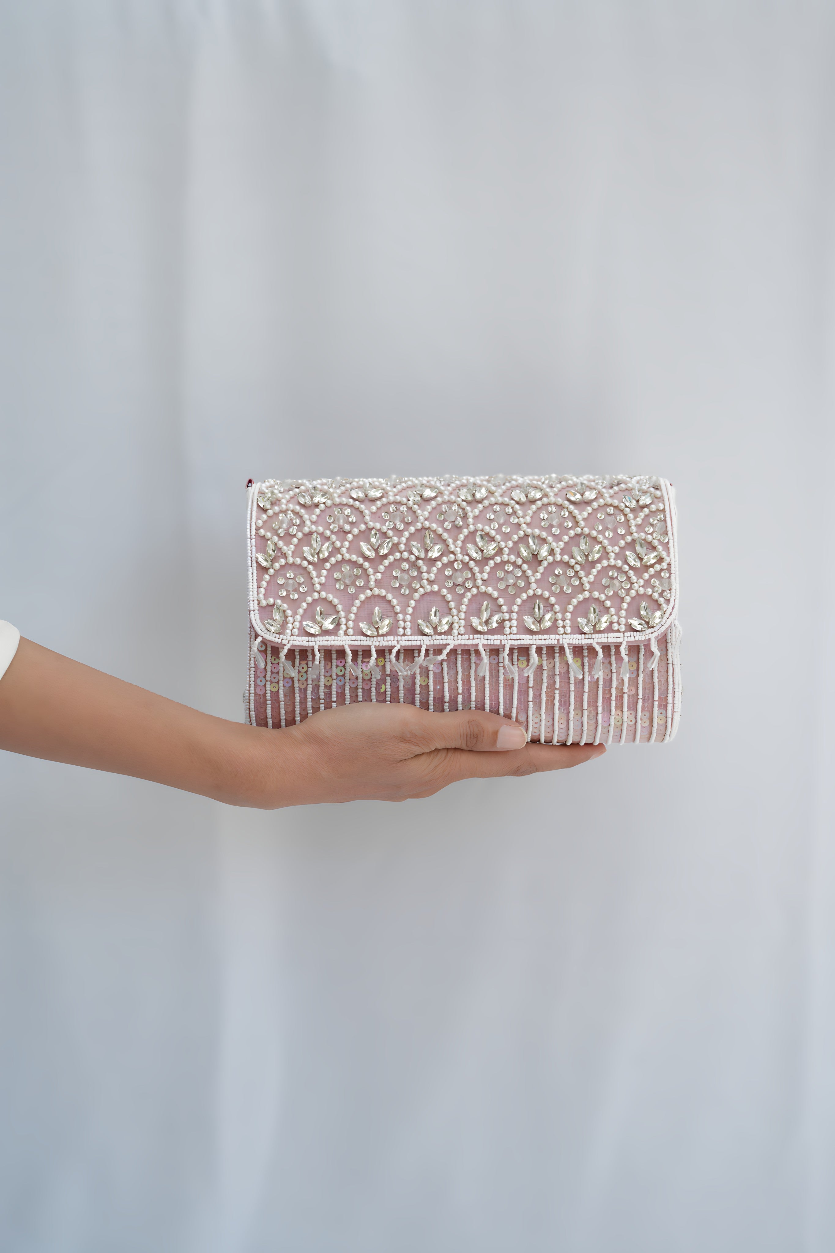 Inaya Blush Pearl and Stone Embellished Clutch